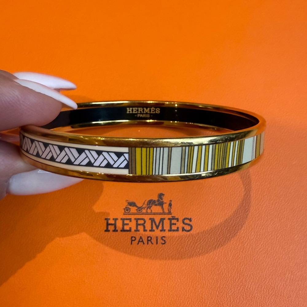 Authentic Hermes Narrow Enamel Bangle Bracelet pink yellow brown